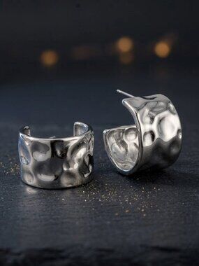 Silver Stainless Steel Hammered C-Hoop Earrings Chunky Textured Modern Boho Jewe